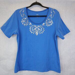 Tabi Beaded Scoop Neck T-Shirt Women's L Top Shiny Sequin Blue Art to Wear Boho